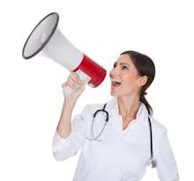 female doctor shouting in megaphone